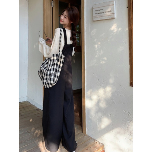 大碼女褲春季別致絕美黑色背帶褲胖mm顯瘦濶腿褲2026春季新款長褲 大碼女褲春季別致絕美黑色背帶褲胖mm顯瘦濶腿褲2026春季新款長褲