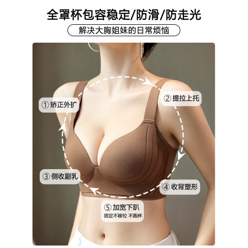 大碼聚攏調整型收腋下副乳內衣女大胸顯小防外擴全罩杯薄款文胸罩
