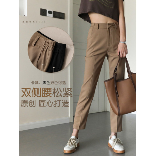 原創～識貨收。春季兩側松緊腰褲子卡其休閒褲九分西裝褲子女西褲
