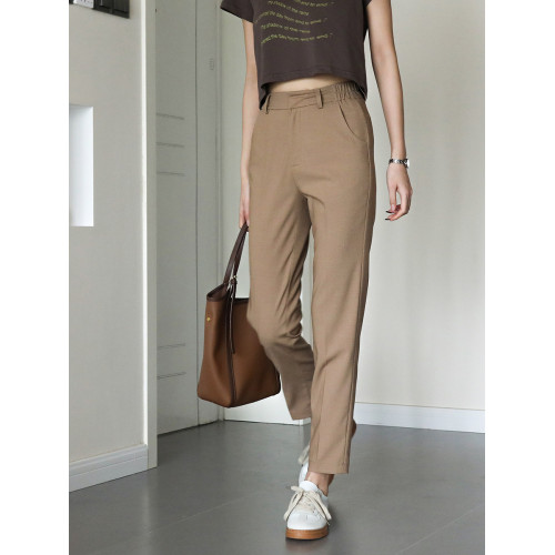 原創～識貨收。春季兩側松緊腰褲子卡其休閒褲九分西裝褲子女西褲