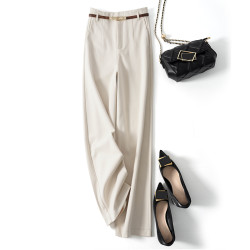 配腰帶氣質通勤親膚新款高腰寬鬆濶腿褲女慵懶直筒褲毛呢休閒長褲