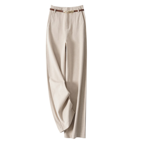 配腰帶氣質通勤親膚新款高腰寬鬆濶腿褲女慵懶直筒褲毛呢休閒長褲