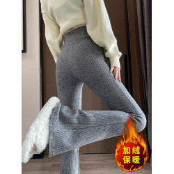 灰色加絨加厚條絨針織微喇叭褲子女秋冬休閒高腰顯瘦垂感馬蹄長褲