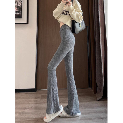灰色加絨加厚條絨針織微喇叭褲子女秋冬休閒高腰顯瘦垂感馬蹄長褲 灰色加絨加厚條絨針織微喇叭褲子女秋冬休閒高腰顯瘦垂感馬蹄長褲