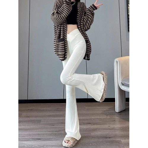 灰色加絨加厚條絨針織微喇叭褲子女秋冬休閒高腰顯瘦垂感馬蹄長褲 灰色加絨加厚條絨針織微喇叭褲子女秋冬休閒高腰顯瘦垂感馬蹄長褲