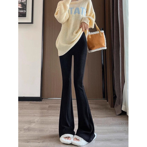 灰色加絨加厚條絨針織微喇叭褲子女秋冬休閒高腰顯瘦垂感馬蹄長褲 灰色加絨加厚條絨針織微喇叭褲子女秋冬休閒高腰顯瘦垂感馬蹄長褲