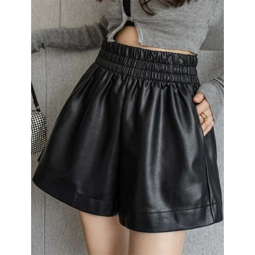 加大碼女裝時尚百搭皮短褲女秋冬新款胖mm濶腿皮褲休閒褲A字褲女