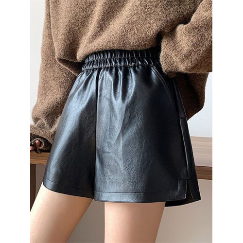 加大碼女裝時尚百搭皮短褲女秋冬新款胖mm濶腿皮褲休閒褲A字褲女