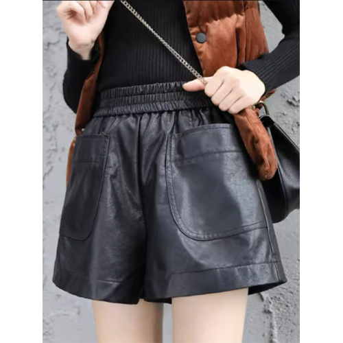 加大碼女裝時尚百搭皮短褲女秋冬新款胖mm濶腿皮褲休閒褲A字褲女