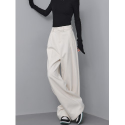 KEN STUDIO2025秋冬杏色直筒呢子西裝褲休閒褲女寬鬆濶腿長褲褲子