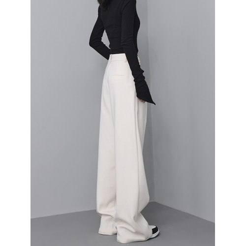 KEN STUDIO2025秋冬杏色直筒呢子西裝褲休閒褲女寬鬆濶腿長褲褲子