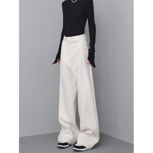 KEN STUDIO2025秋冬杏色直筒呢子西裝褲休閒褲女寬鬆濶腿長褲褲子