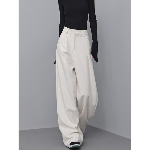 KEN STUDIO2025秋冬杏色直筒呢子西裝褲休閒褲女寬鬆濶腿長褲褲子