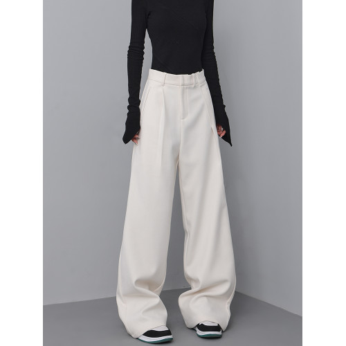 KEN STUDIO2025秋冬杏色直筒呢子西裝褲休閒褲女寬鬆濶腿長褲褲子