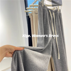 特大碼300斤胖妹妹針織濶腿褲女春秋裝寬鬆顯瘦直筒休閒拖地褲ins