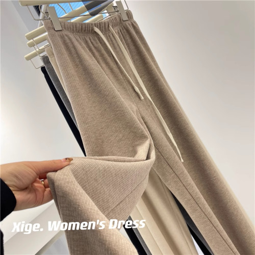 特大碼300斤胖妹妹針織濶腿褲女春秋裝寬鬆顯瘦直筒休閒拖地褲ins