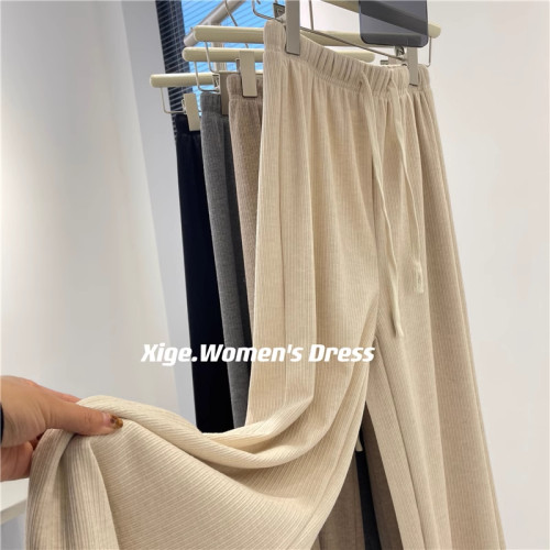 特大碼300斤胖妹妹針織濶腿褲女春秋裝寬鬆顯瘦直筒休閒拖地褲ins