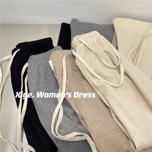 特大碼300斤胖妹妹針織濶腿褲女春秋裝寬鬆顯瘦直筒休閒拖地褲ins