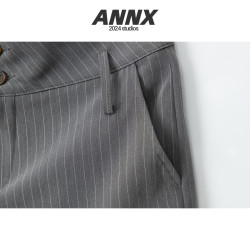 ANNX2026美式條紋簡約刺綉透氣舒適西裝短褲百搭通勤辣妹復古