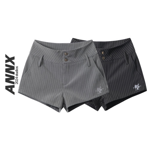 ANNX2026美式條紋簡約刺綉透氣舒適西裝短褲百搭通勤辣妹復古
