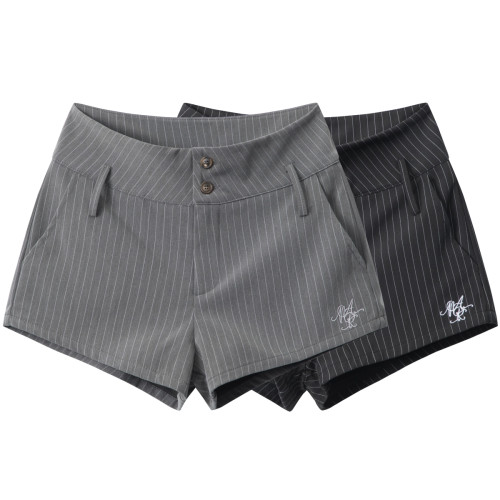 ANNX2026美式條紋簡約刺綉透氣舒適西裝短褲百搭通勤辣妹復古