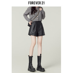 Forever21美式辣妹黑色PU皮褲女春包臀靴褲高腰A字濶腿休閒短褲子