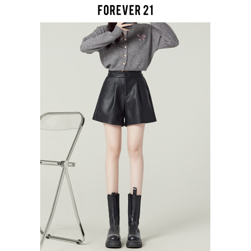 Forever21美式辣妹黑色PU皮褲女春包臀靴褲高腰A字濶腿休閒短褲子 Forever21美式辣妹黑色PU皮褲女春包臀靴褲高腰A字濶腿休閒短褲子
