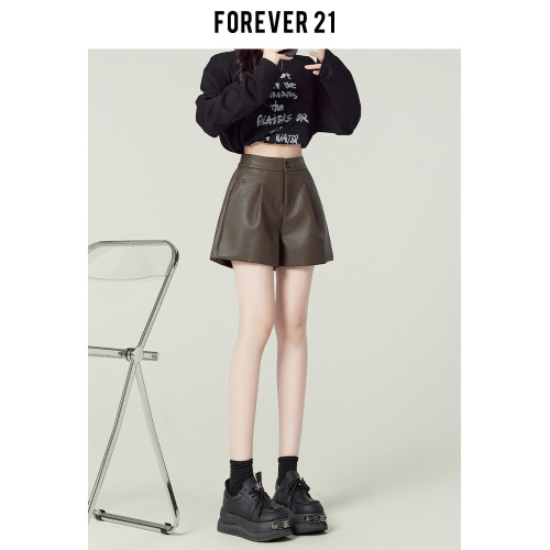 Forever21美式辣妹黑色PU皮褲女春包臀靴褲高腰A字濶腿休閒短褲子 Forever21美式辣妹黑色PU皮褲女春包臀靴褲高腰A字濶腿休閒短褲子