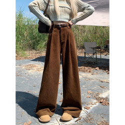 2024港味新款高級感禦姐瘦燈芯絨濶腿褲女寬鬆休閒褲子