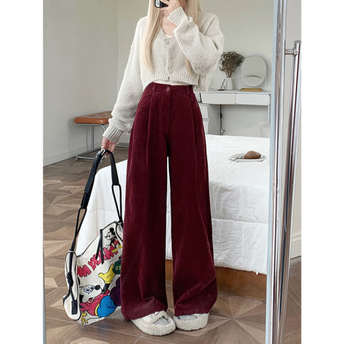 2024港味新款高級感禦姐瘦燈芯絨濶腿褲女寬鬆休閒褲子