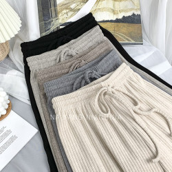 150小個子針織坑條濶腿褲女秋冬垂感顯高155兔絨拖地直筒休閒長褲