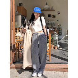 韓國chic春季小衆設計感拼接木耳邊撞色高腰系帶格子休閒褲長褲女