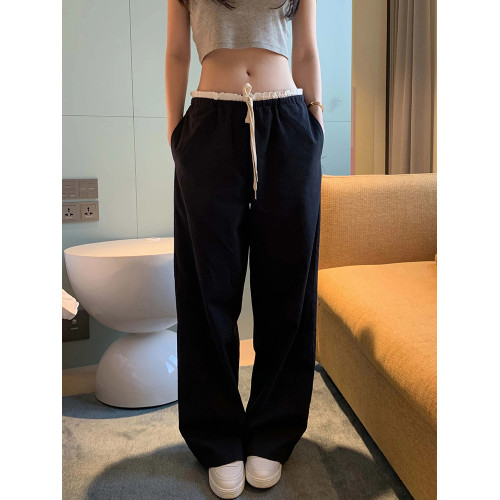 韓國chic春季小衆設計感拼接木耳邊撞色高腰系帶格子休閒褲長褲女
