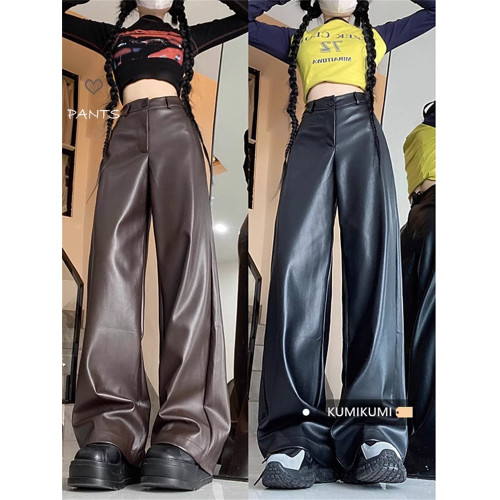 春季復古港味高級感PU皮休閒褲女高腰皮褲直筒濶腿褲拖地長褲子潮 春季復古港味高級感PU皮休閒褲女高腰皮褲直筒濶腿褲拖地長褲子潮