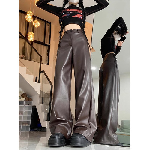 春季復古港味高級感PU皮休閒褲女高腰皮褲直筒濶腿褲拖地長褲子潮 春季復古港味高級感PU皮休閒褲女高腰皮褲直筒濶腿褲拖地長褲子潮