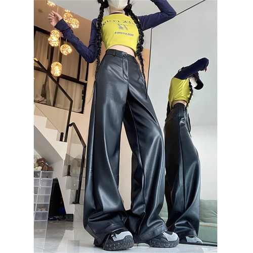 春季復古港味高級感PU皮休閒褲女高腰皮褲直筒濶腿褲拖地長褲子潮 春季復古港味高級感PU皮休閒褲女高腰皮褲直筒濶腿褲拖地長褲子潮