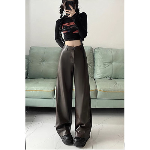 春季復古港味高級感PU皮休閒褲女高腰皮褲直筒濶腿褲拖地長褲子潮 春季復古港味高級感PU皮休閒褲女高腰皮褲直筒濶腿褲拖地長褲子潮