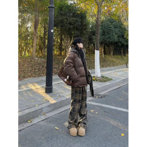 175高個子加長黃色毛呢格子濶腿褲女高腰垂感休閒顯瘦加絨拖地褲