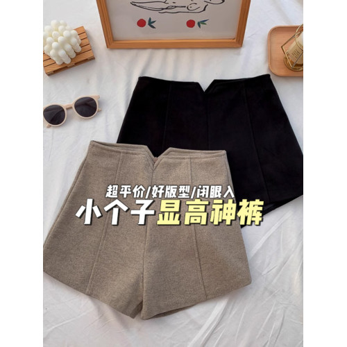 150小矮個子毛呢寬鬆濶腿短褲女秋冬高腰加厚外穿靴褲xs顯高百搭