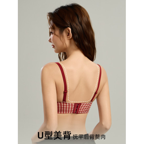 紅色內衣女小胸聚攏本命年套裝港風格子提拉防下垂結婚新娘文胸罩