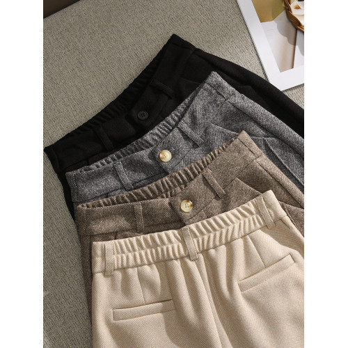 加絨咖色毛呢直筒褲女秋冬季高腰寬鬆顯瘦小個子九分菸琯休閒褲子