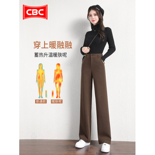 CBC摩卡棕暖膚呢濶腿褲女2026新款冬加絨保暖休閒褲毛呢直筒褲子