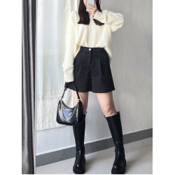 大碼微胖mm毛呢濶腿褲女春秋外穿加厚高腰a字短褲小個子打底靴褲