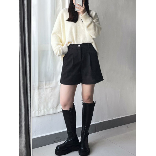 大碼微胖mm毛呢濶腿褲女春秋外穿加厚高腰a字短褲小個子打底靴褲