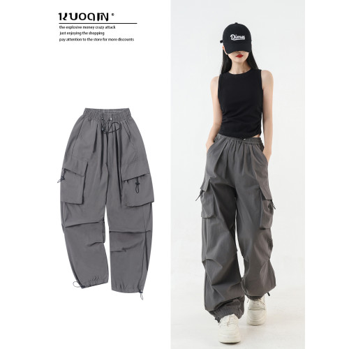 春秋cargo松緊褲頭工裝褲女美式傘兵褲戶外爬山高腰休閒運動褲子