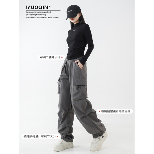 春秋cargo松緊褲頭工裝褲女美式傘兵褲戶外爬山高腰休閒運動褲子