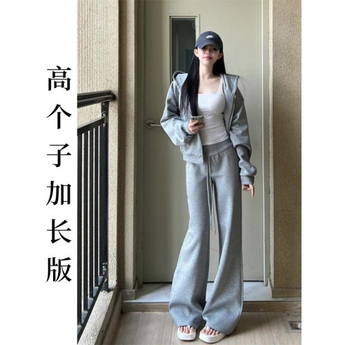 175高個子加長慵懶感灰色連帽外衣套裝女早春百搭濶腿休閒拖地褲