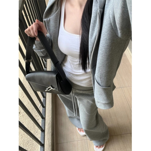 175高個子加長慵懶感灰色連帽外衣套裝女早春百搭濶腿休閒拖地褲