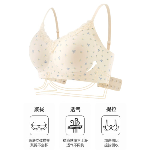 倪恒美法式碎花內衣女小胸聚攏甜美蕾絲邊透氣無鋼圈少女學生文胸