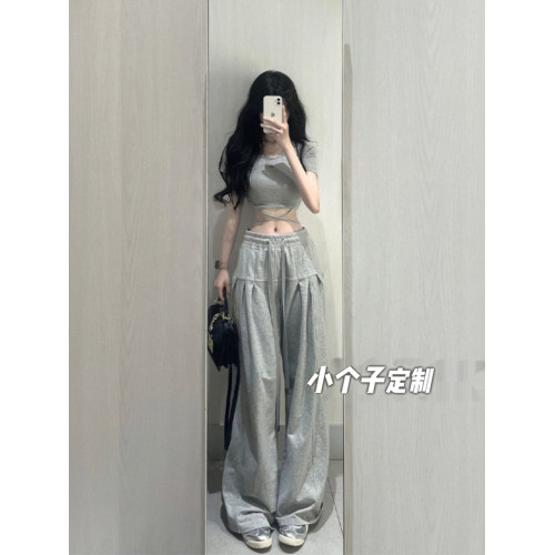 150小矮個子美式復古休閒濶腿褲女高腰直筒抽繩寬鬆垂感xs九分夏